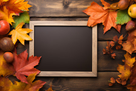 A moody blackboard frame rests on a rich, dark wooden surface, enveloped by brilliant fall leaves, textured pinecones, and delicate woodland items. This setting evokes the deep and mystical charm of autumn nights, inviting memories to be inscribed within.の素材