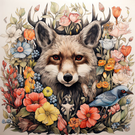 Amidst a flourishing bouquet of diverse flowers, a captivating fox with intense eyes takes center stage, conveying a sense of regality and mystery.の素材