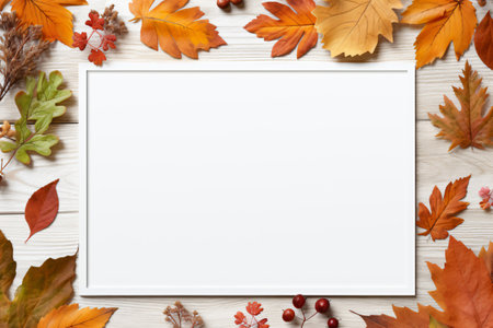 A pristine blank frame is surrounded by vibrant autumn leaves, pinecones, and other seasonal treasures, creating a symphony of colors against a wooden backdrop. This arrangement captures the essence of fall, offering a canvas for cherished memories.の素材