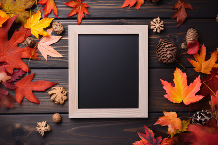 A moody blackboard frame rests on a rich, dark wooden surface, enveloped by brilliant fall leaves, textured pinecones, and delicate woodland items. This setting evokes the deep and mystical charm of autumn nights, inviting memories to be inscribed within.の素材