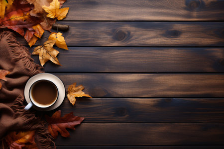 A steaming cup of coffee rests amidst the rich hues of autumn leaves, juxtaposed against the warm, textured wood. The scene evokes a sense of comfort, reminding us of quiet mornings wrapped in the earthy embrace of fall.の素材