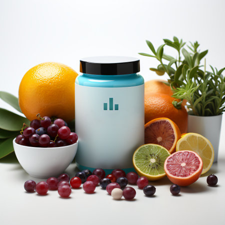 A contemporary blue container is surrounded by a medley of fresh fruits, depicting both nature's bounty and modern design. The vivid colors and textures from the fruits contrast brilliantly with the sleek container.の素材