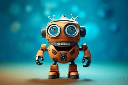A cheerful orange robot, adorned with antennas and captivating blue eyes, stands confidently against a sparkling turquoise backdrop. Its whimsical expression and playful stance hint at a world where technology and imagination seamlessly merge.の素材