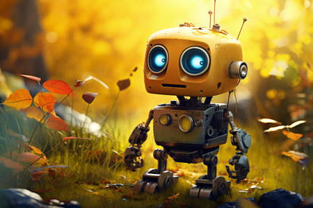 A vibrant yellow robot, with strikingly curious blue eyes, embarks on a journey amid the golden hues of an autumn landscape. A tiny butterfly perches on a nearby leaf, exemplifying nature's delicate balance alongside the world of machines.の素材