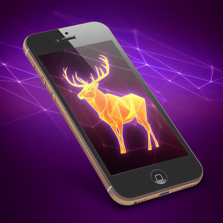 A smartphone displays a luminous, geometric deer. The radiant orange figure stands out against a deep purple, digital background.の素材