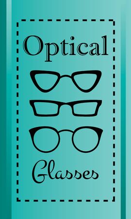 Plastic black-rimmed optical glasses in three design options on blue background with text in dotted lineのイラスト素材