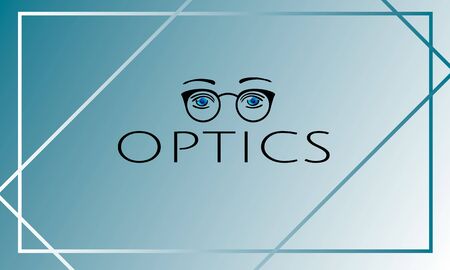 Blue eyes in black-rimmed eyeglasses, text 'optics' on blue blurred backgroundのイラスト素材