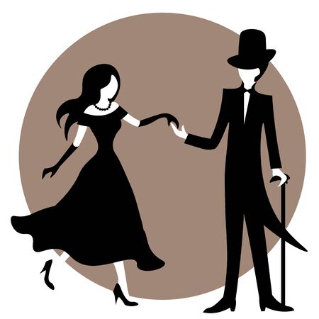 Man wearing tailcoat and cylinder invite woman in long black dress to the danceのイラスト素材
