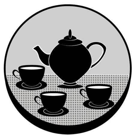 Grey circle with the black vintage teapot and three black cups of tea on the tableのイラスト素材