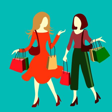 Two women walk with purchase bags and talking. Shopping, saleのイラスト素材