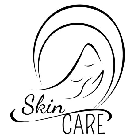 Simple contoured smiling woman face with arm, text 'skin care'のイラスト素材