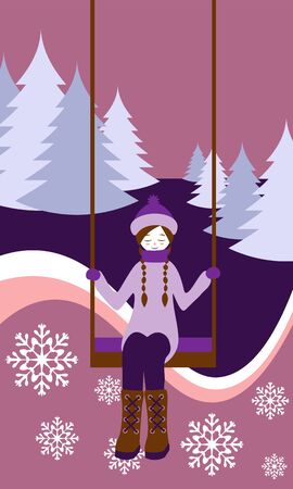Cute girl with pigtails in winter hat, scarf and mittens swingingのイラスト素材