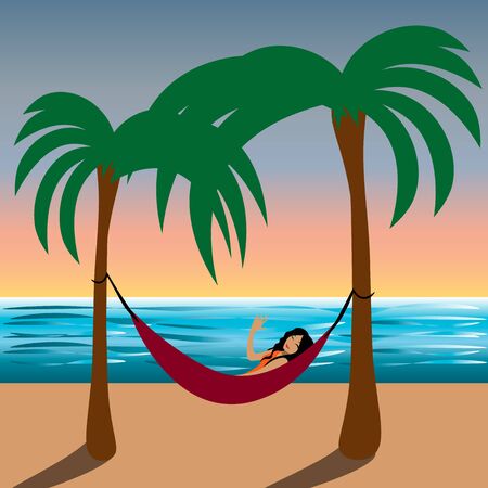 Two palms, sunset sky, sea, hammock and smiling woman lying in it and waving her handのイラスト素材