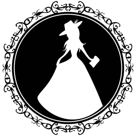 Elegant woman in victorian dress and hat in a black circleのイラスト素材