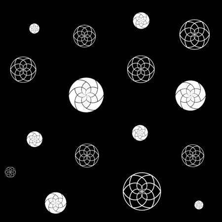 Circles geometric pattern with white abstract flowers on black backgroundのイラスト素材