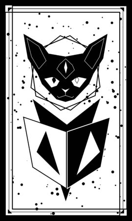 Black cat with third eye and book in polygonal styleのイラスト素材