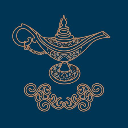 Contour antique aladdin lamp with filigree tracery on dark blue backgroundのイラスト素材