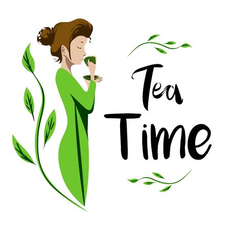 Tea time - woman in green dress drinking hot tea, green leaves on the backgroundのイラスト素材