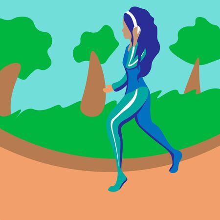 Cartoon faceless blue-haired woman in headphones jogging in the parkのイラスト素材