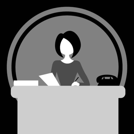 Monochrome faceless cartoon vintage woman sitting at the table and writing in the officeのイラスト素材