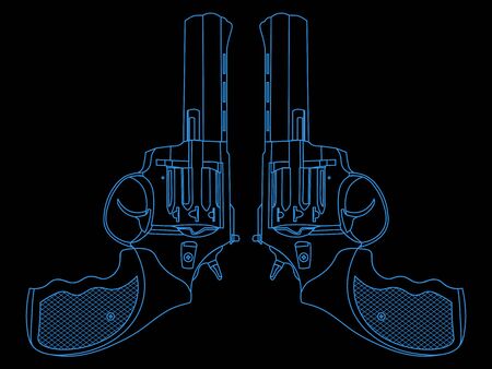 Contour illustration with two symmetric blue revolvers on black backgroundのイラスト素材