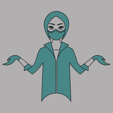 Colorful contour drawing of cartoon young female doctor in medical mask and rubber gloves shrugging shouldersのイラスト素材