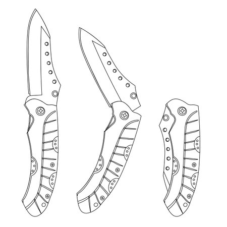 Black contour sketch illustration of three folding pocket knives in different positionsのイラスト素材