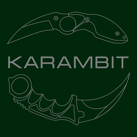 Grey contour sketch illustration of two tactical pocket knives karambits on green backgroundのイラスト素材