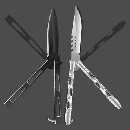 Realistic black and silver balisongs or butterfly knives and their shadow on grey backgroundのイラスト素材