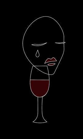 Minimal line art with crying woman face and glass of red wine on black backgroundのイラスト素材