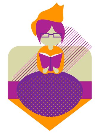 Cute modern colorful illustration of faceless girl sitting on the sofa and reading book with cat on her headのイラスト素材