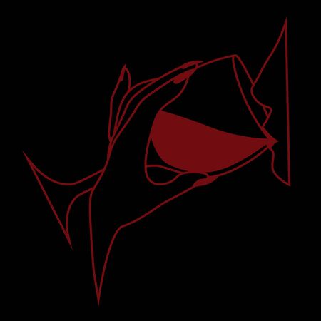 Minimal red line art with woman profile drinking wine on black backgroundのイラスト素材