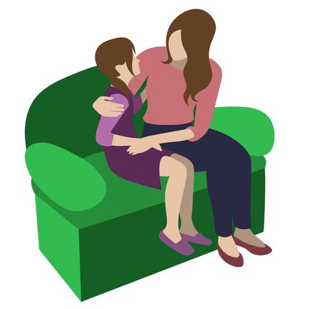 mother hugging her daughter on the sofa and takling with herのイラスト素材
