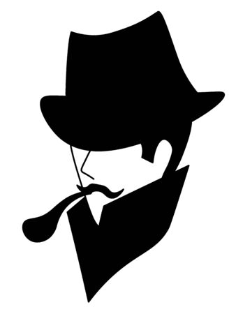 Black silhouette of minimalistic vintage man in hat with tobacco pipeのイラスト素材