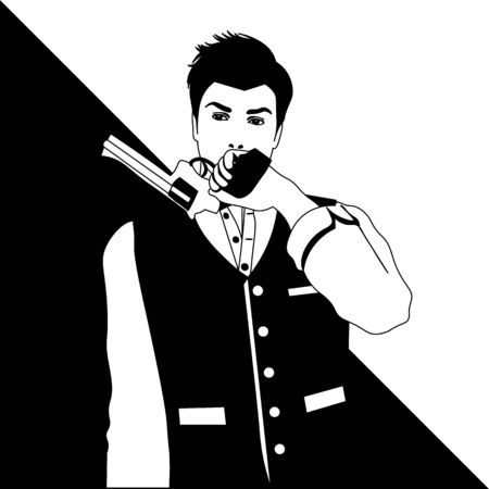 black and white line art of elegant old-fashioned man in vest holding a revolverのイラスト素材