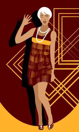 cheerful 20s' blonde woman with short hairstyle winking and waving on red and gold geometric backgroundのイラスト素材