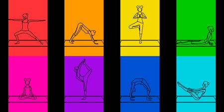 bright colorful seamless pattern or set with outline girls doing yoga posesのイラスト素材