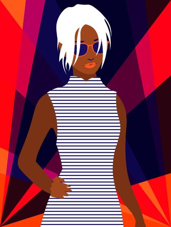beautiful afro american woman with platinum hair in striped dress and sunglasses on bright backgroundのイラスト素材