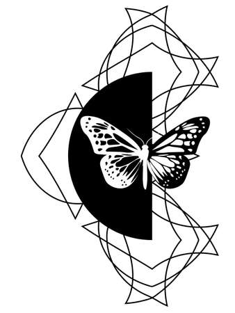 beautiful black and white geometric tattoo illustration with inverse butterfly on semicircleのイラスト素材