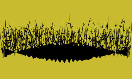 black silhouette of lake or swamp grass on yellow sky backgroundのイラスト素材