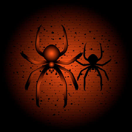 Halloween illustration of hanging spider on black and orange backgroundのイラスト素材