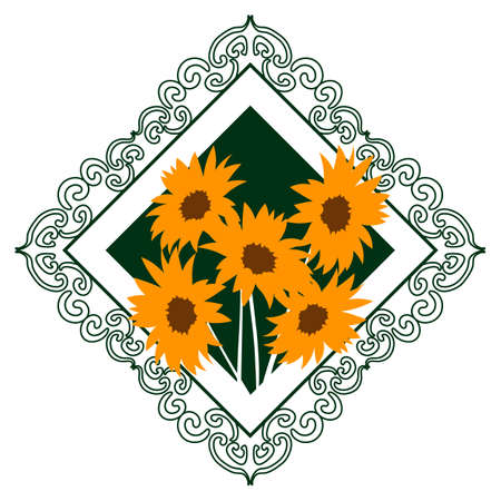 colorful illustration of sunflowers bouquet in green rhombus ornamented frameのイラスト素材