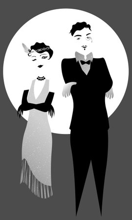 monochrome old-fashioned couple with their hands on chest in 20s party styleのイラスト素材