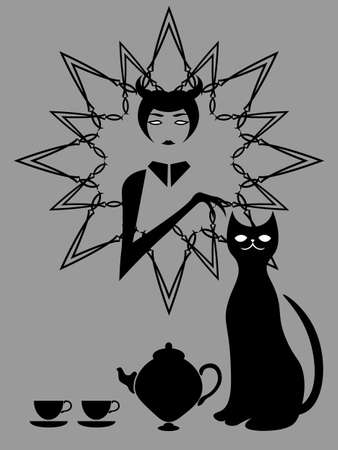 horned witch with black cat, teapot and two cups of tea on grey backgroundのイラスト素材