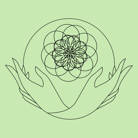 two delicate outline hands holding mandala flower on green backgroundのイラスト素材