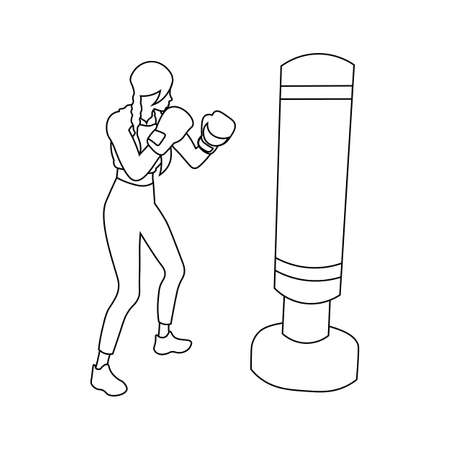 simple line art of boxing girl in gloves with punching bagのイラスト素材
