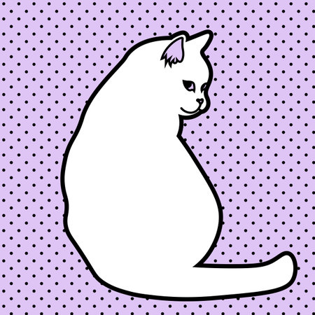 cute white cat sitting and turning back on pink dotted backgroundのイラスト素材