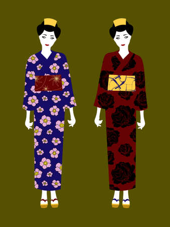 two cartoon japanese women in floral yukata or kimono on green backgroundのイラスト素材