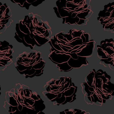 dark seamless pattern with drawn black roses on grey backgroundのイラスト素材