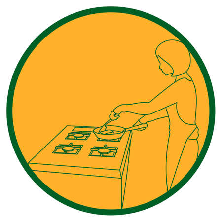 isolated yellow line art circle icon of cooking woman with frying panのイラスト素材